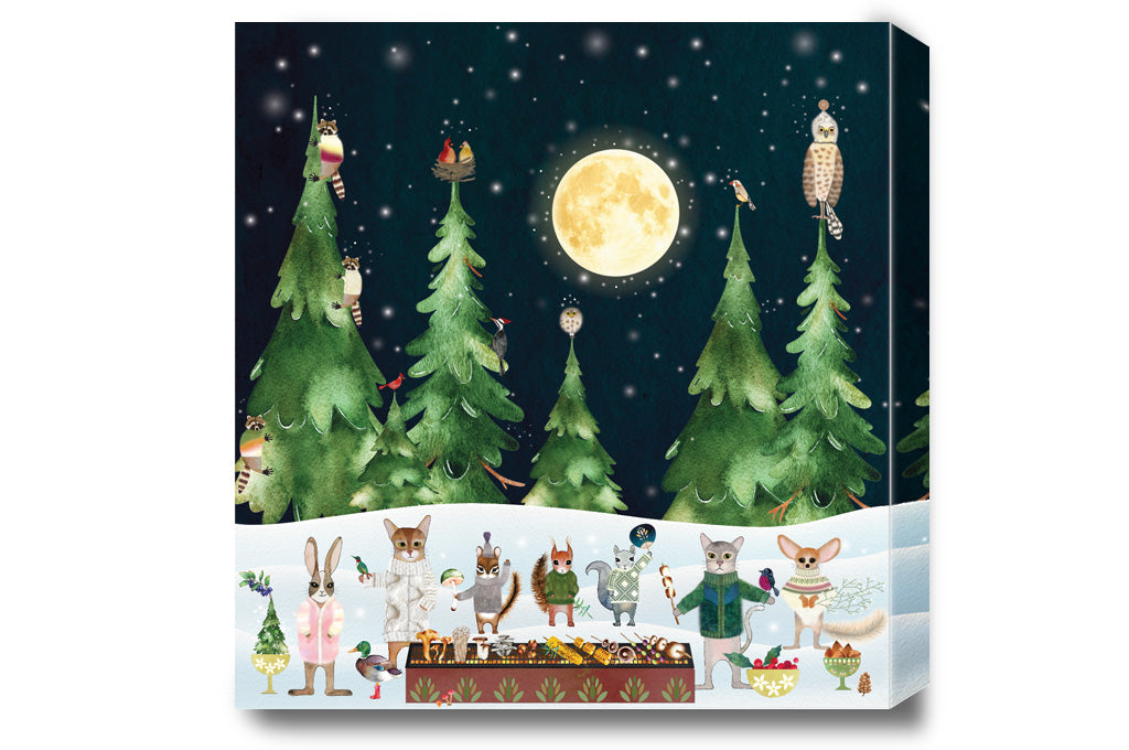 A magical advent calendar filled with truffles, chocolate, cookies. The artwork is moonlight BBQ, a party in a Canadian forest under the moon. Hand painted by Cyn.